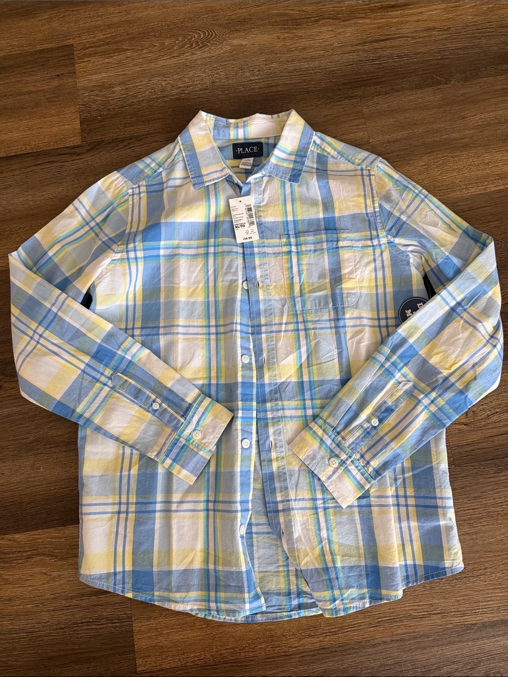 The Children's Place Light Blue and Yellow Plaid Button-Down Shirt, 14 NWT